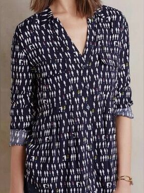 Anthropologie Maeve Wynwood Navy Blue Blouse Parrot Print